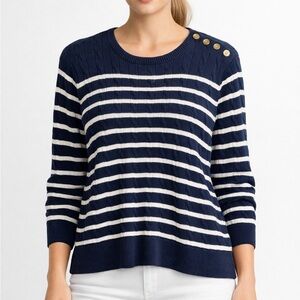 Lauren Ralph Lauren Plus 1X Sweater Striped Blue Classic Luxury Gold Buttons
